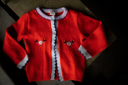 Vintage Baby Girls Daisy Embroidered Knit Cardigan Crewneck Sweater