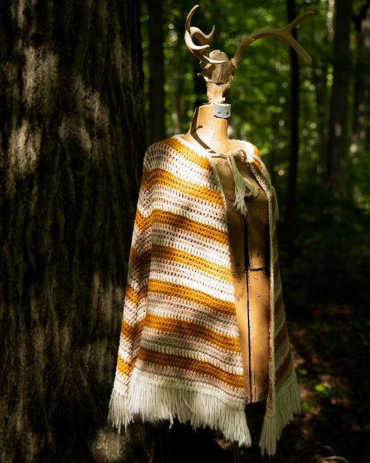 Vintage Fringed Yellow and Ivory Crochet Poncho