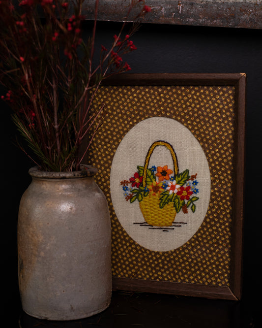 Framed Embroidered Floral Basket, Mid-Century