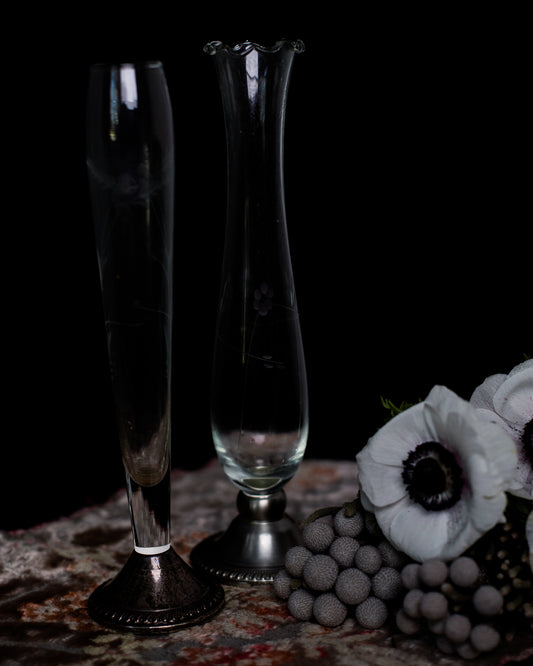 Bud Vase Pair with Etched Glass and Silver Base